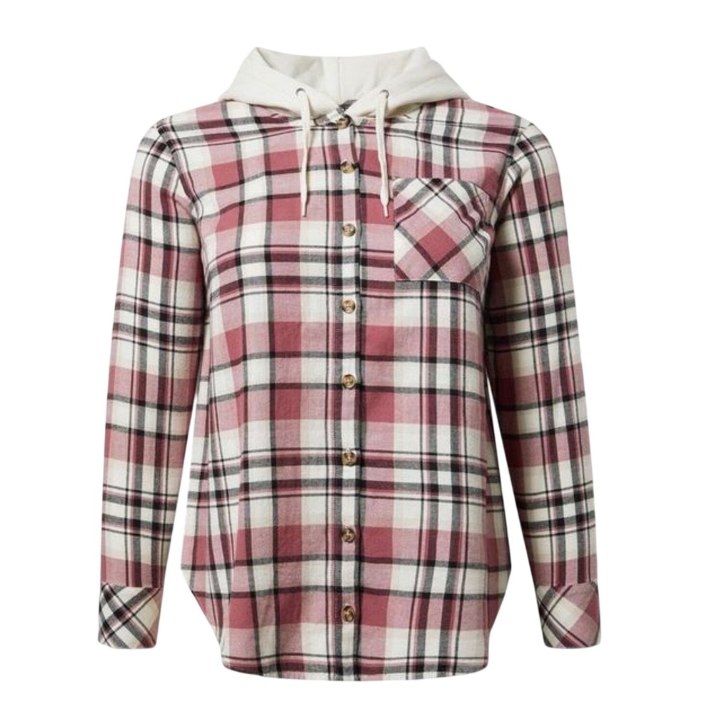 Torrid Flannel Hooded Shirt Women 1X (14-16) Pink Plaid Button Front Long Sleeve
